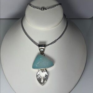 Artisan Made Sterling Silver Genuine Druzy Blue Topaz Quartz Crystal Necklace